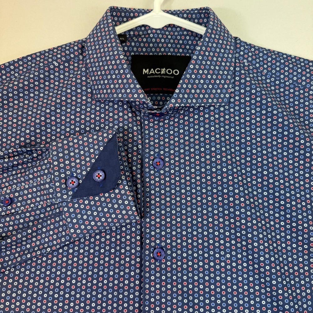 Maceoo Button Up Shirt Mens 4/L Blue Einstein Lolli 4-Way Stretch Geometric EUC